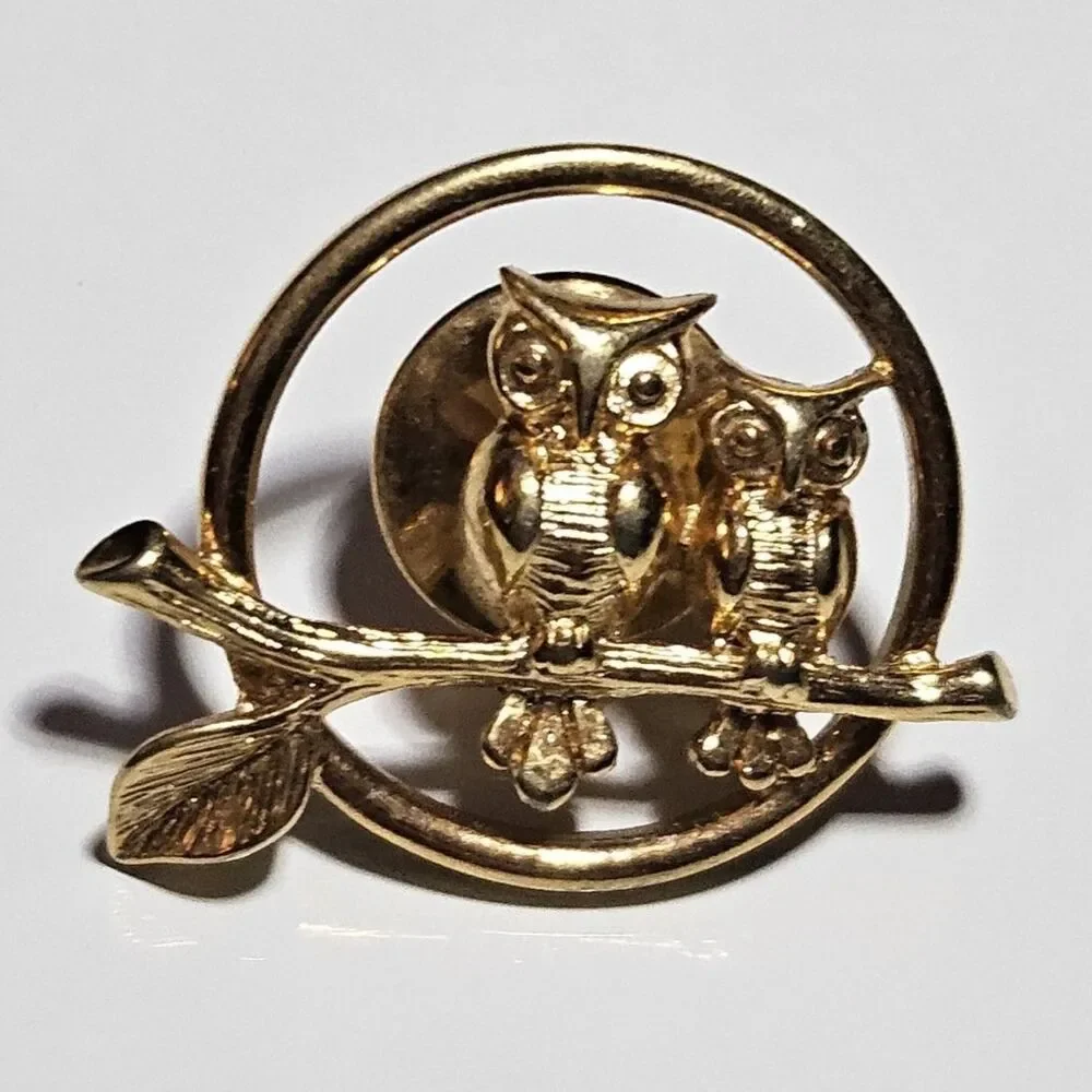 Vintage AVON Circle Owls on a Branch Pin Signed Gold Tone Metal